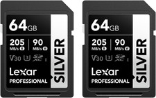 Lexar Professional SILVER SD Card 64GB 2-Pack, up to 205Mb/S Read, 90Mb/S Write,