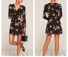 Reformation Zircon Contessa Mini Dress Black Floral Print Size 2 Long Sleeve Wrp