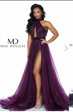 Mac Duggal Couture Purple Halter Tulle Body Suit Beaded Sequin High Slit Long