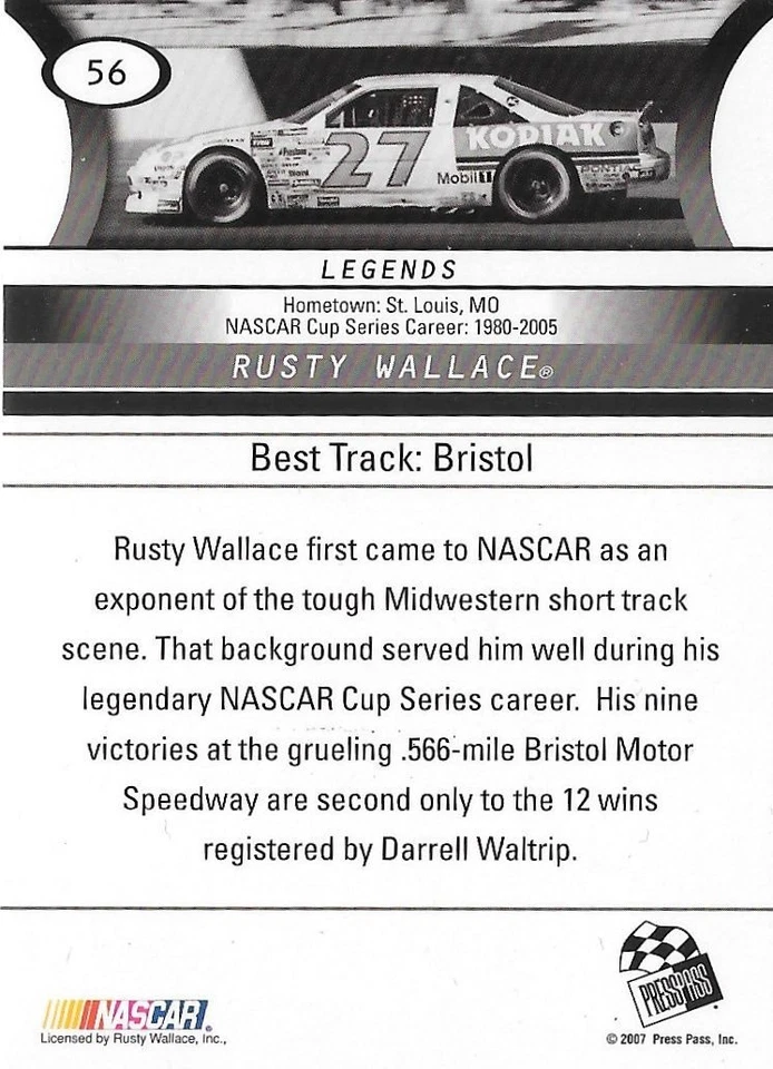 2008 Press Pass - Legends Rusty Wallace #56 - NASCAR Auto Racing - Image 2 of 4