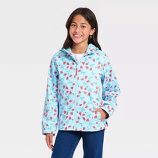 Girls' Strawberry Floral Printed Rain Jacket - Cat & Jack Light Blue XS