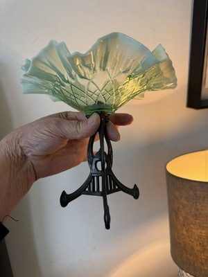Antike Art Deco Rüschen Vaseline Kunst Glas Schale grün Korb Zinn Ständer