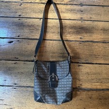 Auth COACH Soho Signature Brown Khaki Jacquard Leather Silver Buckle Bag 6377