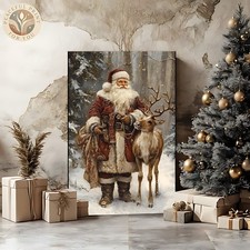 Woodland Santa Vintage Christmas Poster Christmas Canvas Santa Claus Print 70
