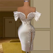 Elegant Knee Length Beaded Pearls Prom Dress Off Shoulder Slit Special Occasion