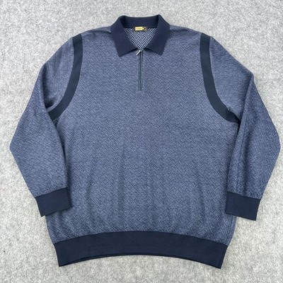 Zilli Sweater Mens 58 Blue Geometric Wool Silk 1/2 Zip Collared Knit Made Italy