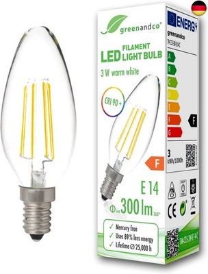 greenandco  CRI90+ Glühfaden LED Lampe | klar | ersetzt 28 Watt E14 Kerze | 3W 3