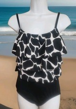 LONGITUDE Women's Size 8 Black White ONE Piece Ruffled Top Swimsuit NWOT