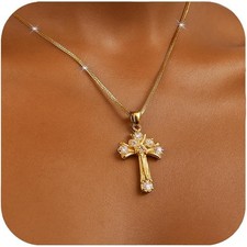 14K Gold Cross Necklace for Women - Dainty Diamond Christian Pendant, Adjustable