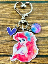 Ariel Mermaid Purple Pink Silver Heart Swivel Key Chain Backpack Tag Purse Charm