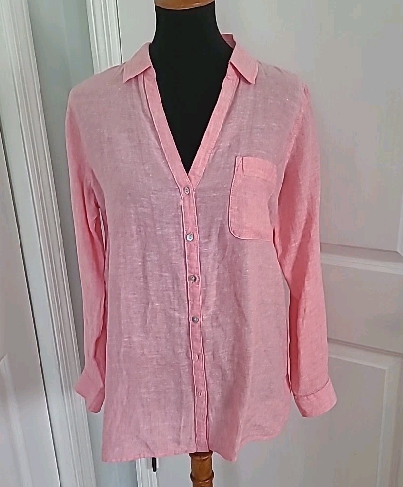 Sigrid Olsen Linen Tunic Blouse Button-Up MED Shades of Pink Pockets Roll-Tab