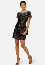 Adrianna Papell Faux Pearl Black Sequin Dress Beaded Collar Mini Size 10 New