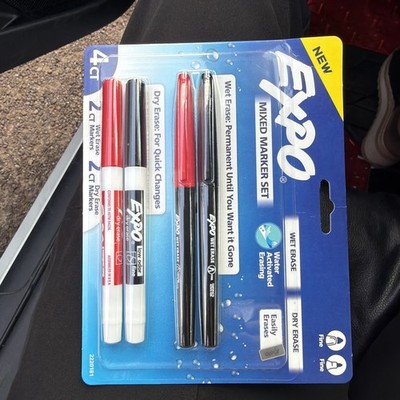 Expo 4ct Fine Mixed 2 Dry / 2 Wet Erase Marker Black/Red, NEW