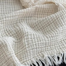 100 Cotton Muslin Throw Blanket with Fringes 50"x60", 4-Layer Cotton Gauze