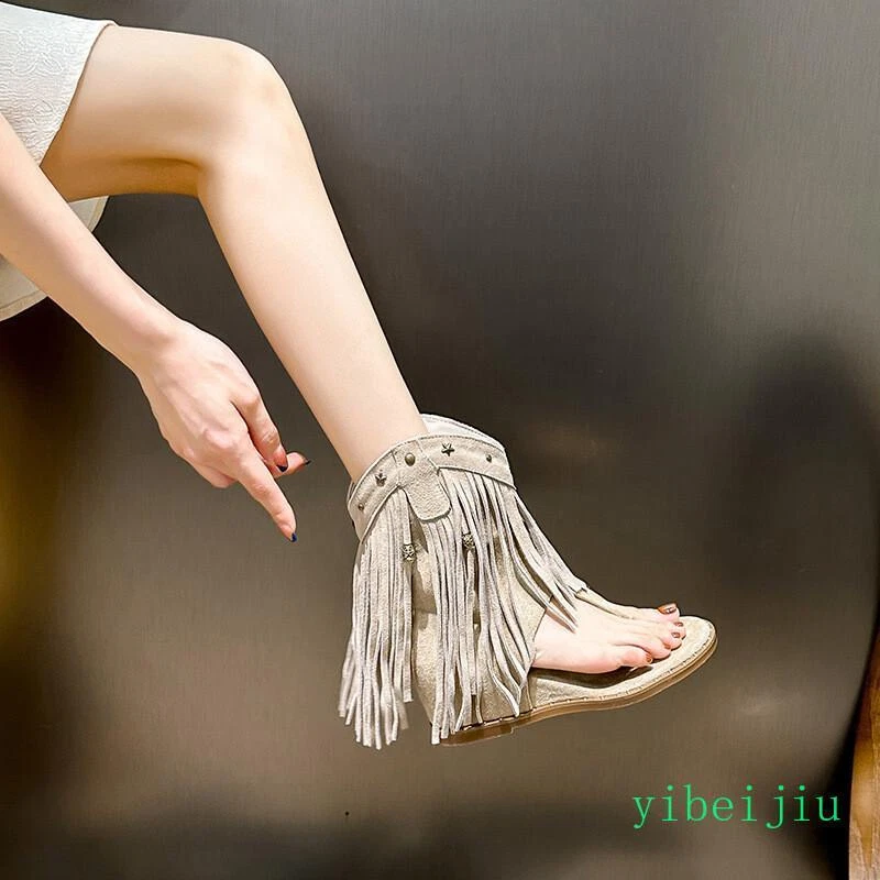 Women's Club Mid Calf Boots Roman Gladiator Sandals Suede Tassels Casual Western - Image 2 of 4