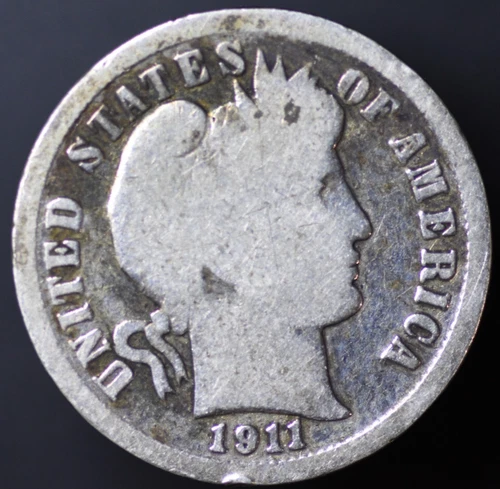 1911-P Barber Dime VG 90% Silver Toned Reverse (#6344)