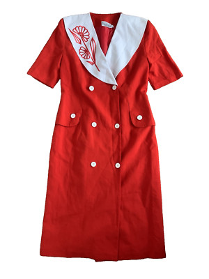 RICHARD ROBERTS True Vintage 80's Red Short Sleeve Retro Dress UK 10 US 6 RARE