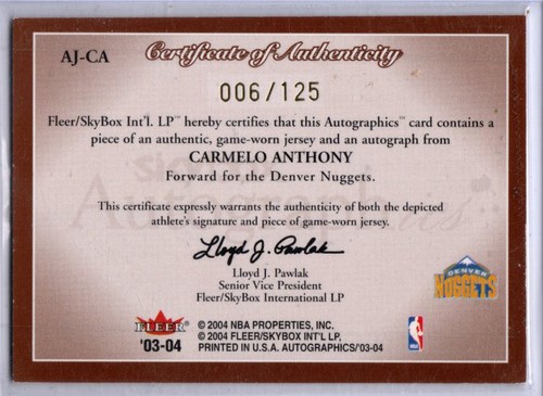 2003-04 Skybox Autographics Basketball Carmelo Anthony ROOKIE JERSEY AUTO 6/125 - Picture 2 of 2