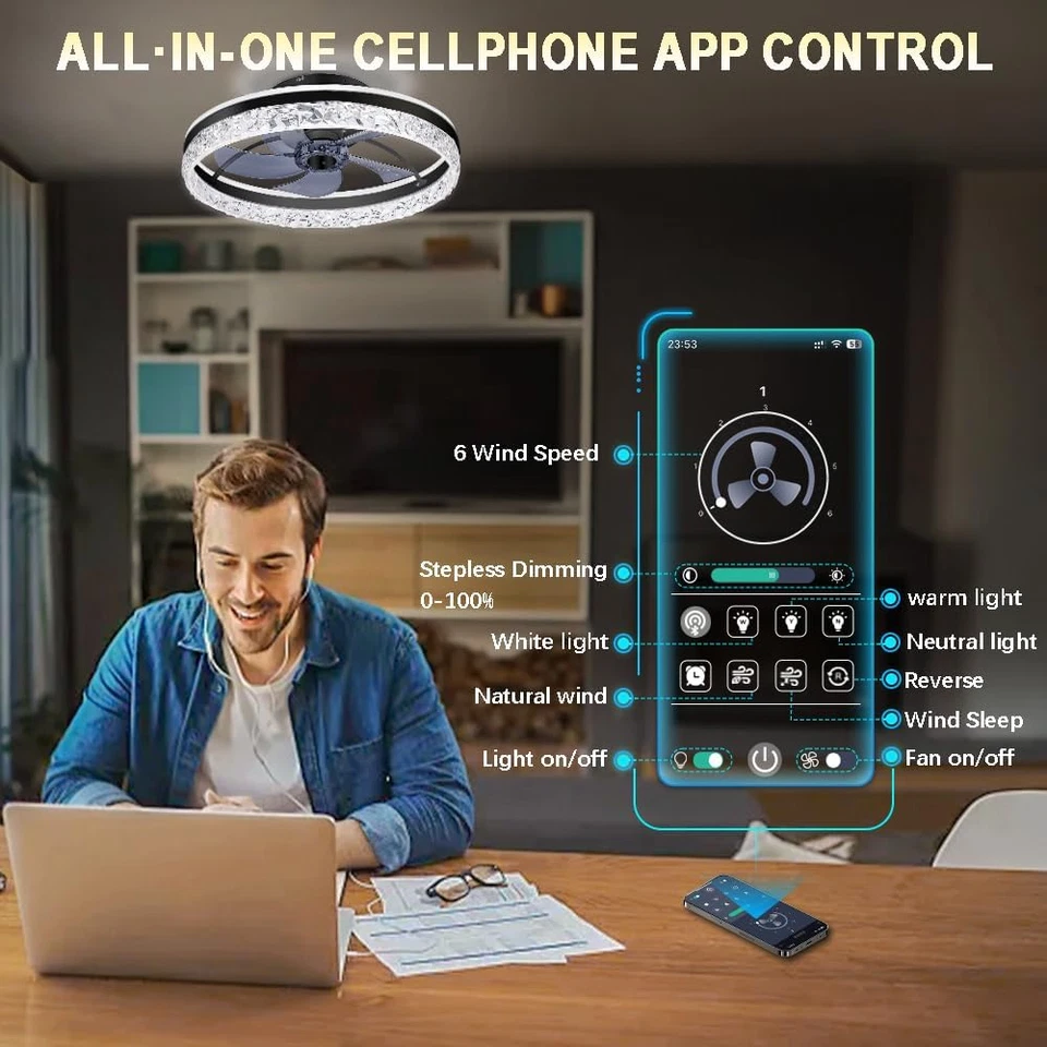 Ceiling Fan,Low Profile Ceiling Fan with Light,Flush Mount Ceiling Fan with Blue - Image 4 of 4