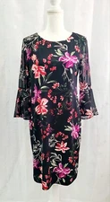 Women's Medium Studio One NY Sheer Bell Sleeves Sheath Dress Floral Fall Colors