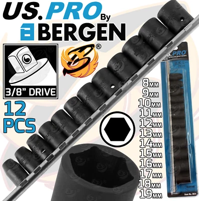 US PRO BY BERGEN US PRO 3/8"Inch Drive IMPACT Socket Set Shallow Impact Sockets 8mm-19mm 6PT 3834
