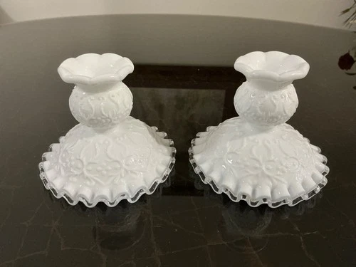 Vintage Pair Fenton Candle Holders Silver Crest Milk Glass