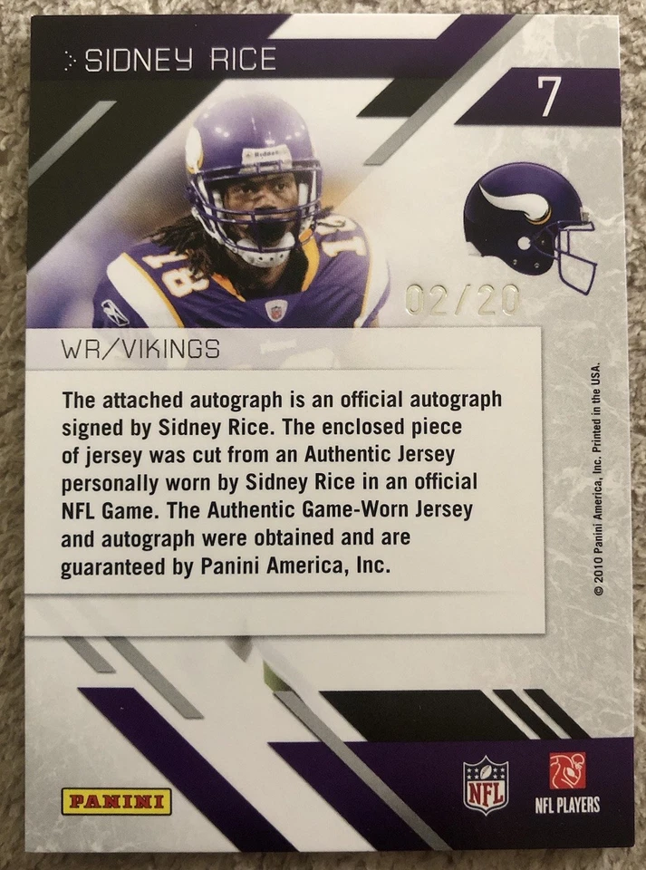 SIDNEY RICE 2010 Panini Prestige Preferred Game Used Jersey Auto /20 #7 Vikings - Image 2 of 4