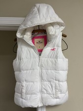 Hollister Junior M Puffer Vest Hooded White Lightweight Warm Outerwear Pink Logo