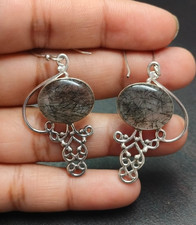 Natural Black Rutile Quartz Dangle Earrings 925 Sterling Silver Designer Jewelry