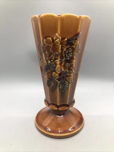 Vintage McCoy Pottery Brown Antique Curio Grapes Leaves 7in Vase