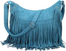 Women Fashion Fringe Crossbody Bags Vegan Suede Hippie Tassel Hobo Blue 