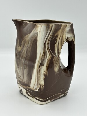 Vintage Art Deco Brown & Cream Marbled Pottery Pitcher From Juanita Ware/1930's 