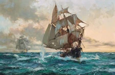 Smuggler Under Pursuit by a Revenue Cut Painting by Montague Dawson Reproduction