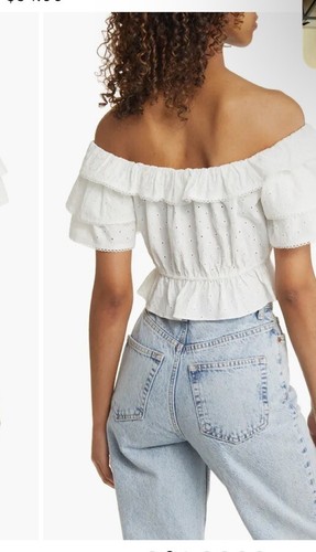 All in Favor Off White Loch Rüschen Crop Top Bluse Schulterfrei Damen Gr. Lg - Bild 2 von 11