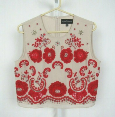 NEEDLE & THREAD SIZE 10 US FLORAL SEQUIN BEADED SLEEVELESS TOP TAN RED CRYSTAL