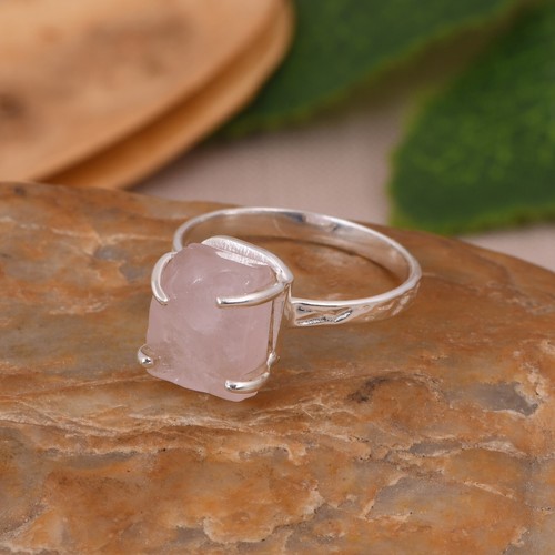 Natural Rose Quartz Four Claw Ring Sterling Silver Engagement Ring Gift For Her - Picture 3 of 9