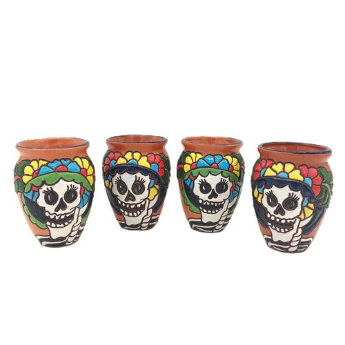 Mexican Cantarito Beverage Glass Engobe Clay Ceramic Barware Catrina Day Dead - Picture 3 of 7