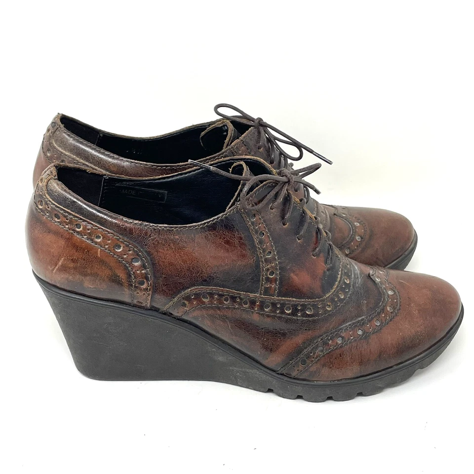 Sesto Meucci Wingtip коричневый кожаный клин ручной работы Италии размер 8,5» стимпанк - Изображение 2 из 4