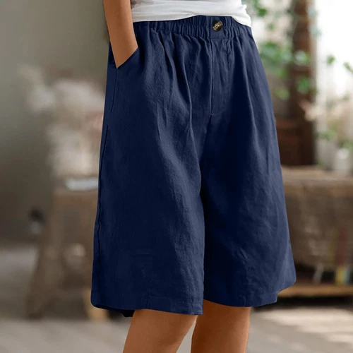 Womens Solid Color Pants Pocket Button Up Capris Loose Elastic Waist Shorts - Bild 52 von 63