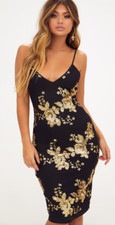 Pretty Little Thing Women Size 4 Strappy Plunge Midi Dress Black Gold Sequins