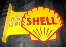 **SHELL GASOLINE OIL Double-Sided Metal Flange Sign #01a - NEW**