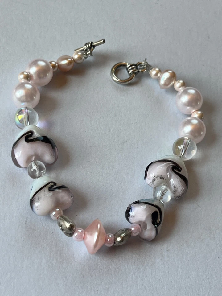 Розовый и белый w черный сплавленный художественное стекло в форме сердца w искусственный жемчуг бусина браслет - - Изображение 2 из 4