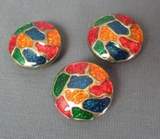 3 Button Covers - Metal - Red, Green, Gold Stained Glass Style - 74  157