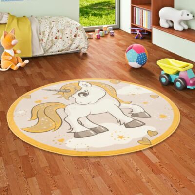 Kinderteppich Samba Kids Rund Einhorn Beige Gelb