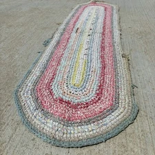 Vintage Rag Rug Primitive Handmade Colorful Braided Oval 17x67” Boho Farmhouse