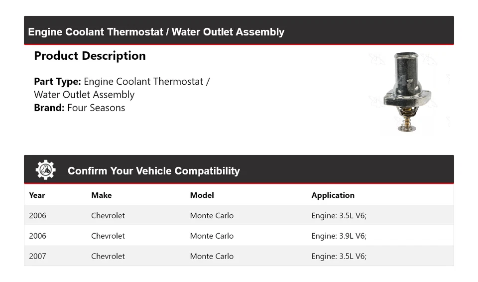 Conjunto de termostato/salida de agua para Chevrolet Monte Carlo 2006-07 4 estaciones Foto 2 de 4