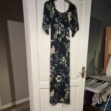 QED LONDON  Long blue Floral Dress. Small.  Split Front Light Flowing Material