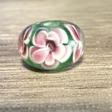 Set Of 6 Pink And Green Flower Lampwork Glass Bead Set. BD29