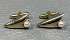 Mid Century Modern Asymmetrical Pearl Yellow Gold Plated Cuff Links