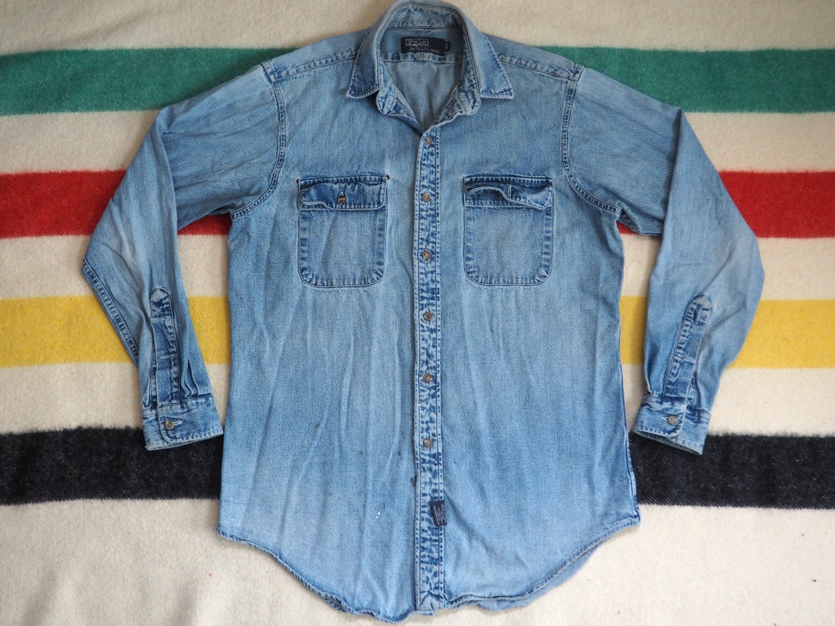 VTG 90s Polo Ralph Lauren Faded Grunge Blue Denim Pocket Button Shirt Mens M